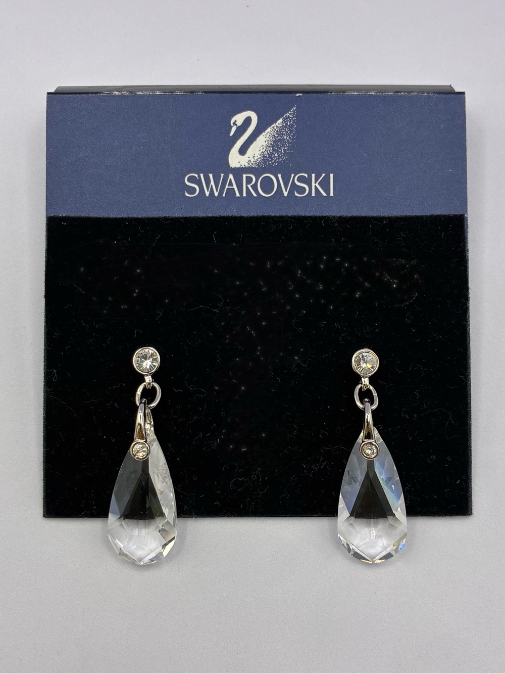 Swarovski Signed Swan Clear Crystal Teardrop Dangle Earrings
